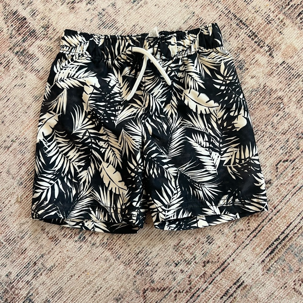 Old Navy Black and White Leaf Print Kids Swim Trunks